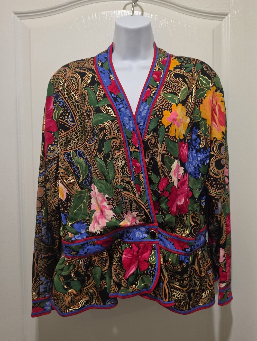 Vintage LEONARD Size 3 Large Silk & Gold Printed Wrap V Neck Blouse